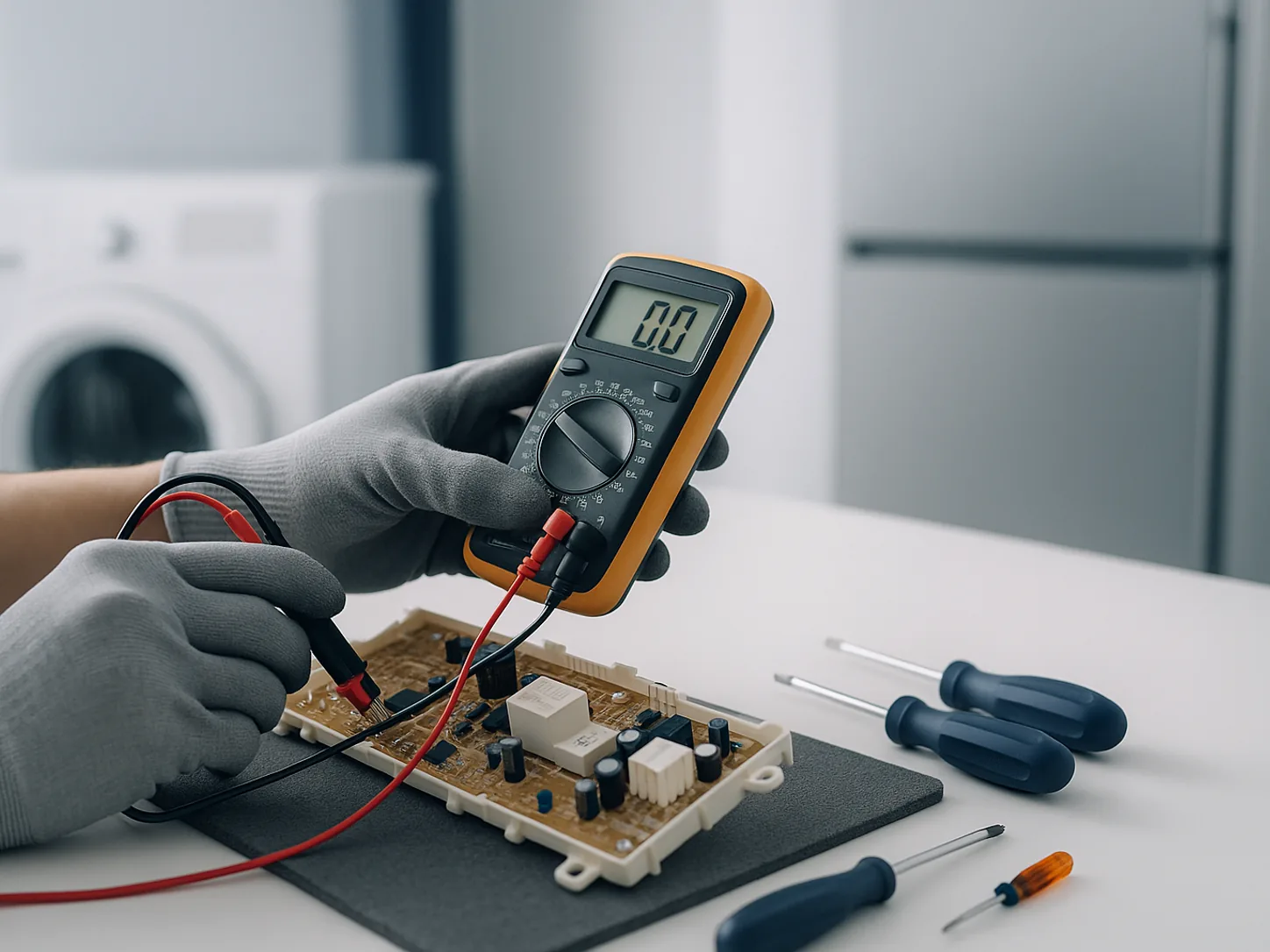 Technician testing an Indesit washing machine board with a digital multimeter